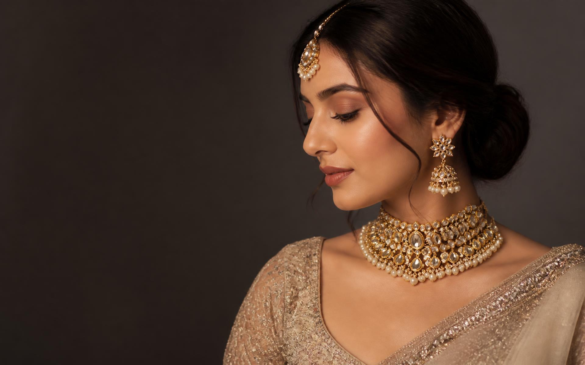 Model wearing a kundan choker, jhumka earrings and maang tikka from the bridal collection